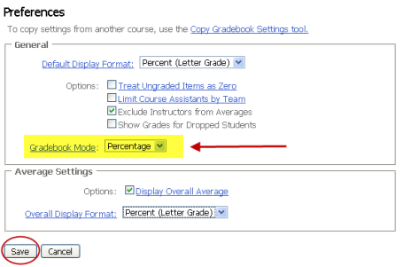 Gradebook Preferences screen with Gradebook Mode highlighted and Save button circled
