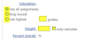 Screenshot of calculation methods: Use all assignments, Drop lowest, Use highest