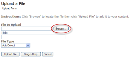 Upload a File screen with Browse button circled